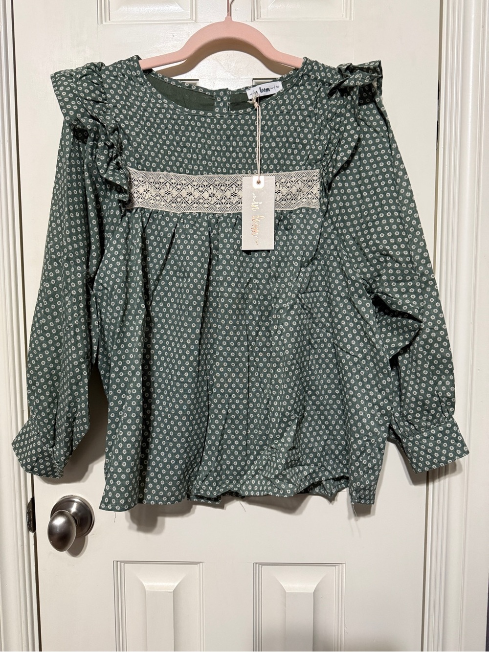 Adorable Ruffled Sage Green Printed Blouse with Crochet Yoke